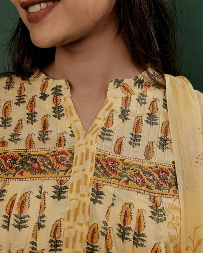 Yellow Hand Block Printed A-Line Kurta Pant & Dupatta Set