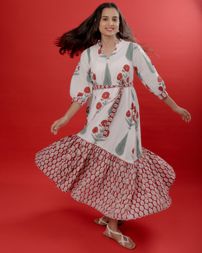 White & Red Mughal Motif Hand Block Printed Dress