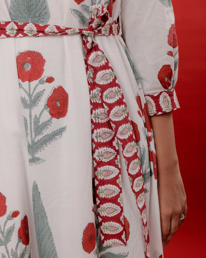 White & Red Mughal Motif Hand Block Printed Dress