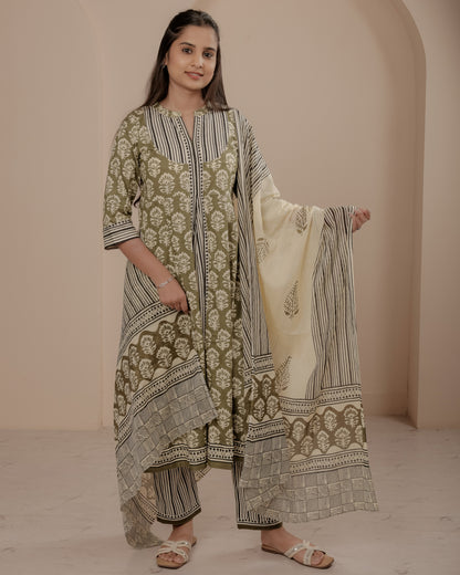 Green Hand Block Printed A-Line Kurta Set with Dupatta