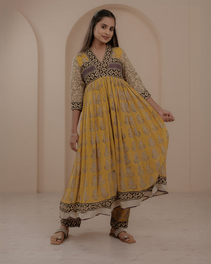 Yellow Ajrakh Hand Block Printed Anarkali Kurta Set