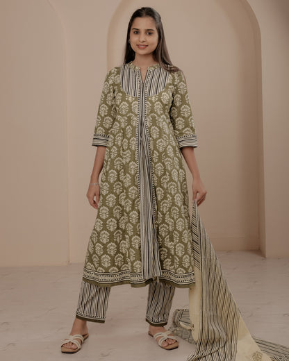 Green Hand Block Printed A-Line Kurta Set with Dupatta