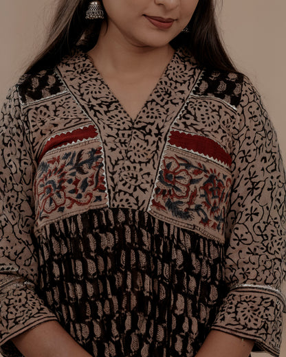 Black Ajrakh Hand Block Printed Linen Kurta Set