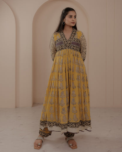 Yellow Ajrakh Hand Block Printed Anarkali Kurta Set